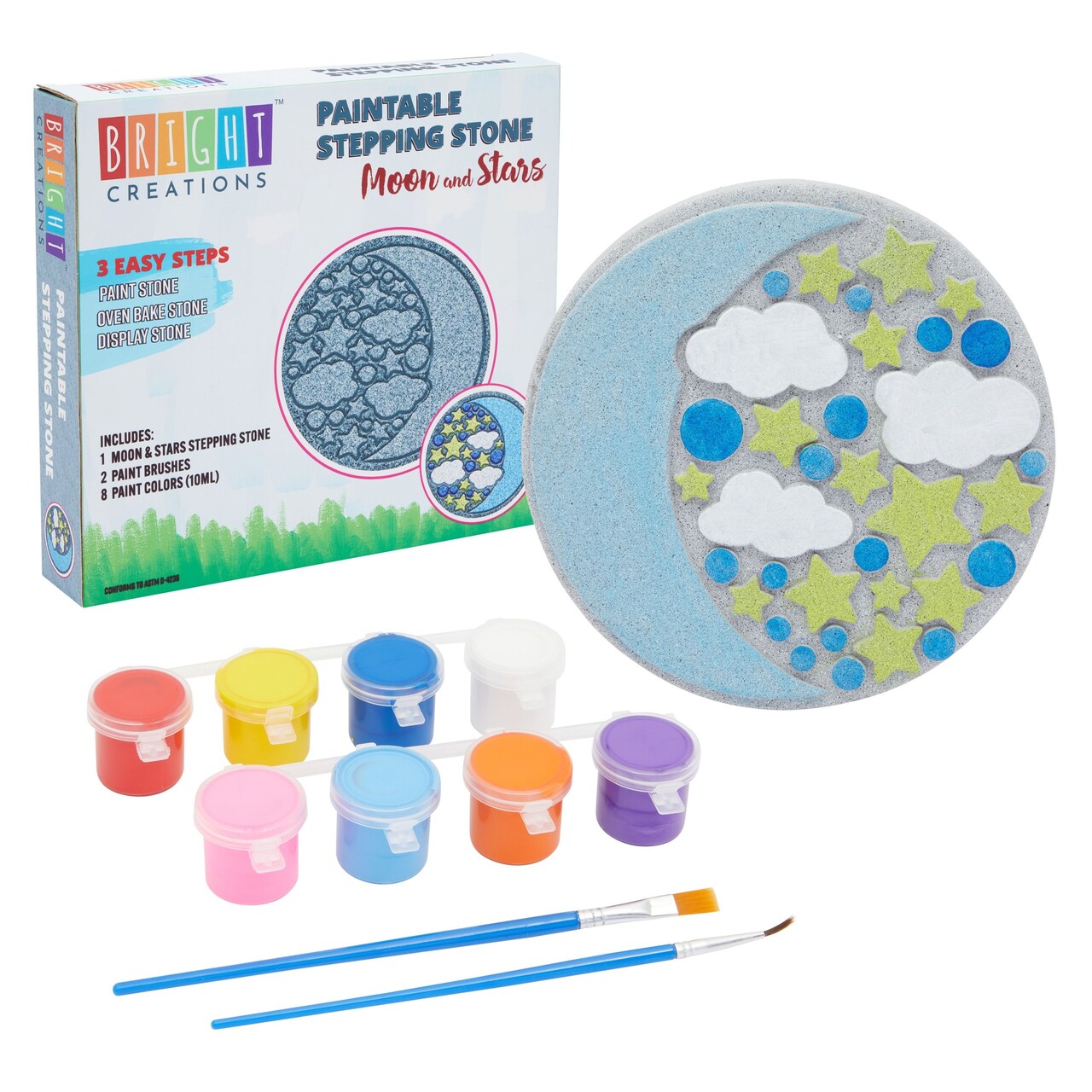 Bright Creations Stepping Stones Outdoor Paint-Your-Own Moon & Stars Kit - 10-Inch, Multicolor, 11-Piece - with Acrylic Paint & Brushes - Garden Stone Craft Kit